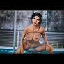 Tall Yael sex doll by MyRealDolls, featuring realistic facial details, long hair, and a lifelike body in this close-up image.